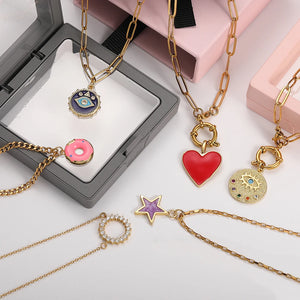 Pink Donut Pendant Necklace Red Heart Choker Stainless Steel Chain Eye Necklaces