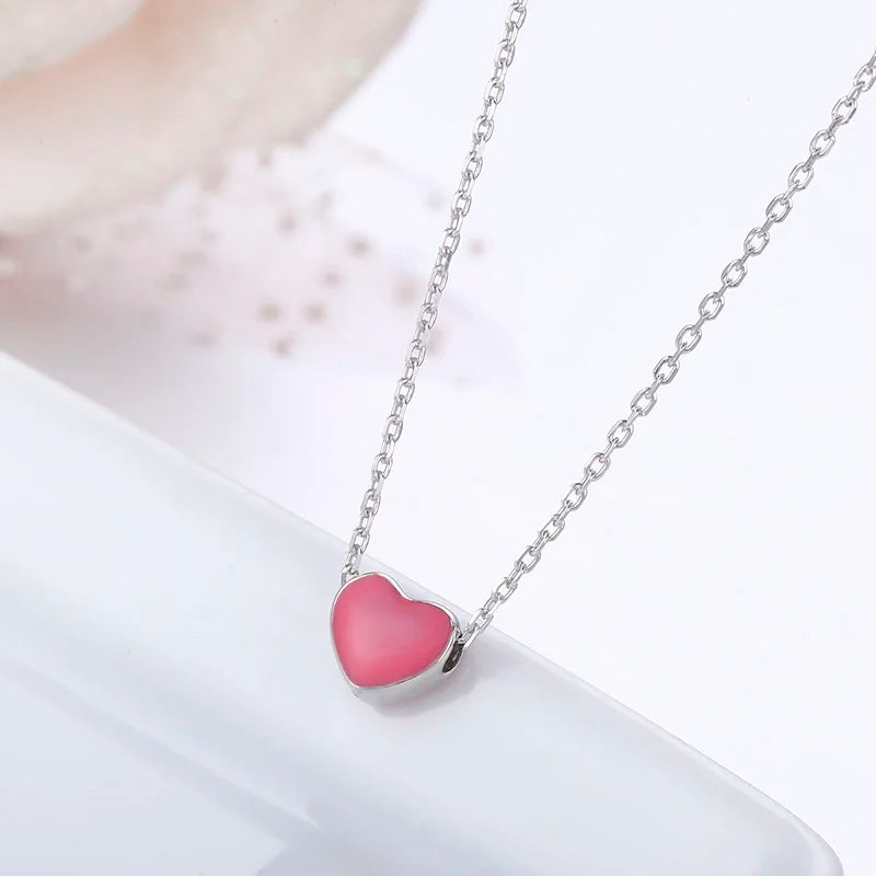 Pink Peach Love Heart Charm Pendant 925 Sterling Silver Chain Necklace