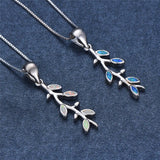 Tree Leaf Pendant Fire Opal Necklace 925 Sterling Silver Birthstone Jewelry