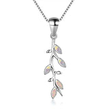 Tree Leaf Pendant Fire Opal Necklace 925 Sterling Silver Birthstone Jewelry