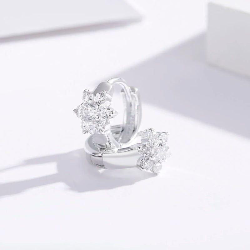925 Silver Flower CZ Circle Huggie Hoop Earrings For Girls