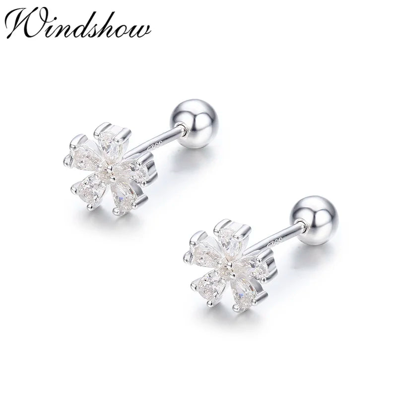 925 Silver CZ Flower Screw Back Stud Earrings for Women Girls