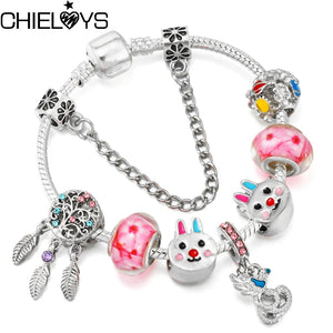 Rabbit Beads Crystal Feather Charm Bracelet For Women