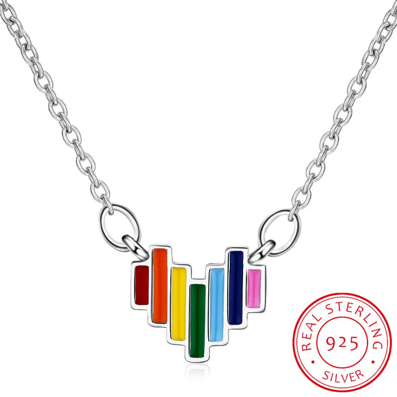 Rainbow Heart Clavicle Chain 925 Silver Necklace SNE056