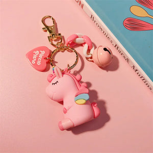 Rainbow PVC Unicorn Keychain Women Chain Bell Heart Key Ring