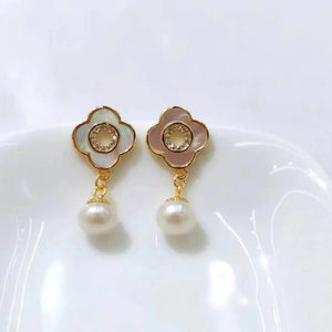 18K Plated Pearl Drop Earrings Lucky Grass Clip Earrings