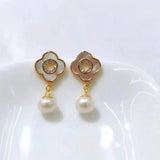 18K Plated Pearl Drop Earrings Lucky Grass Clip Earrings