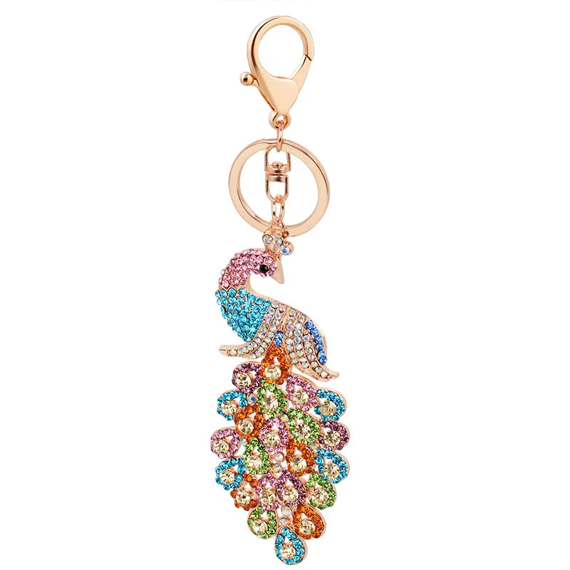 Feather Peacock Bird Keychain- Colorful Rhinestone Crystal
