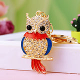 Green Fat Owl Bird Keychain - Rhinestone Crystal Animal Key Ring Holder Pendant