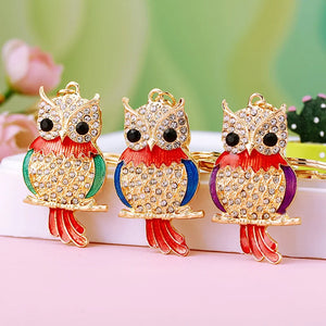 Green Fat Owl Bird Keychain - Rhinestone Crystal Animal Key Ring Holder Pendant