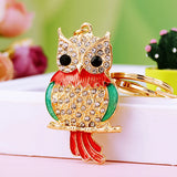 Green Fat Owl Bird Keychain - Rhinestone Crystal Animal Key Ring Holder Pendant