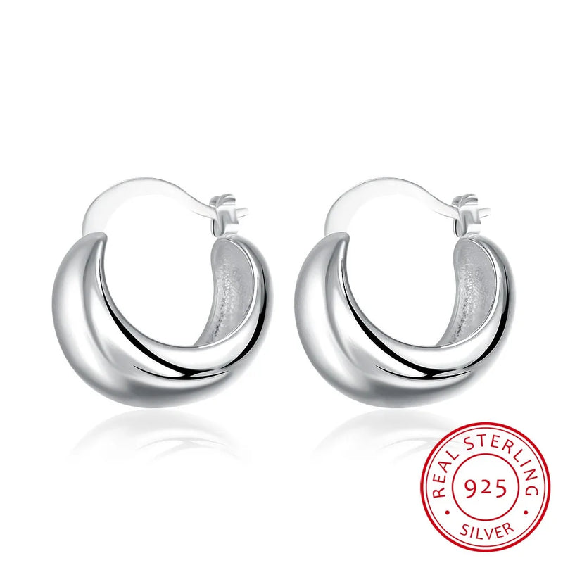 925 Silver Romantic Hoop Earrings Smooth Egg Shape Jewelry