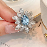 Romantic Sea Flower Women Ring Silver Crystal Wedding Jewelry