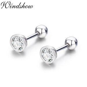 Round CZ 925 Silver Half Ball Screw Back Stud Earrings