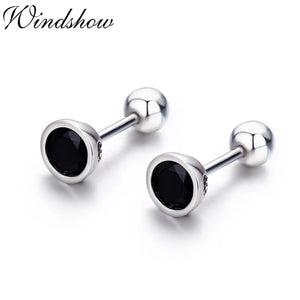 Round CZ 925 Silver Half Ball Screw Back Stud Earrings