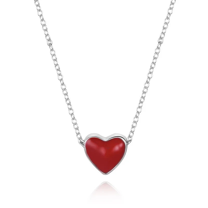 S925 Silver Love Heart Collar Necklace Red Enameled for Women