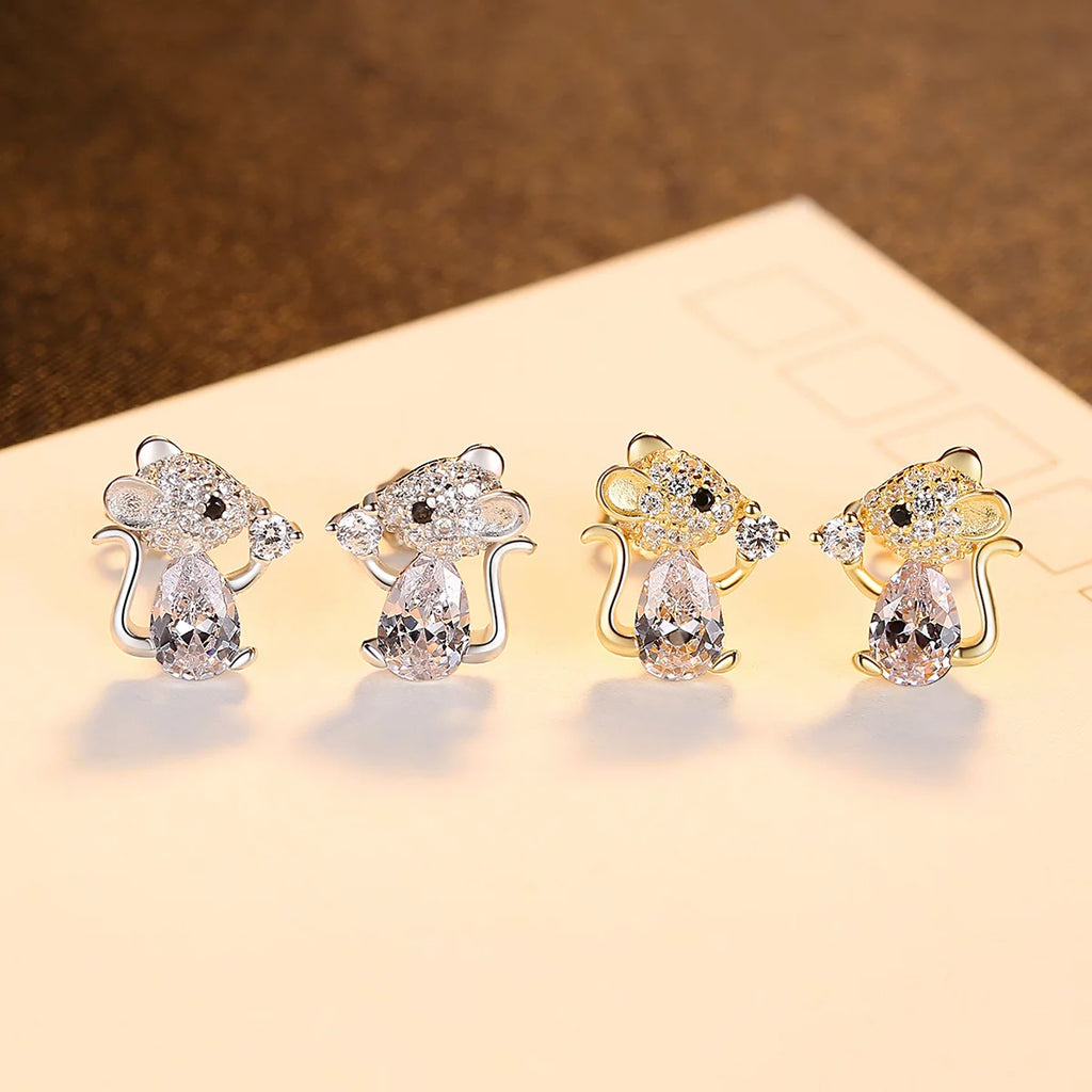S925 Silver Mouse Zircon Stud Earrings for Women