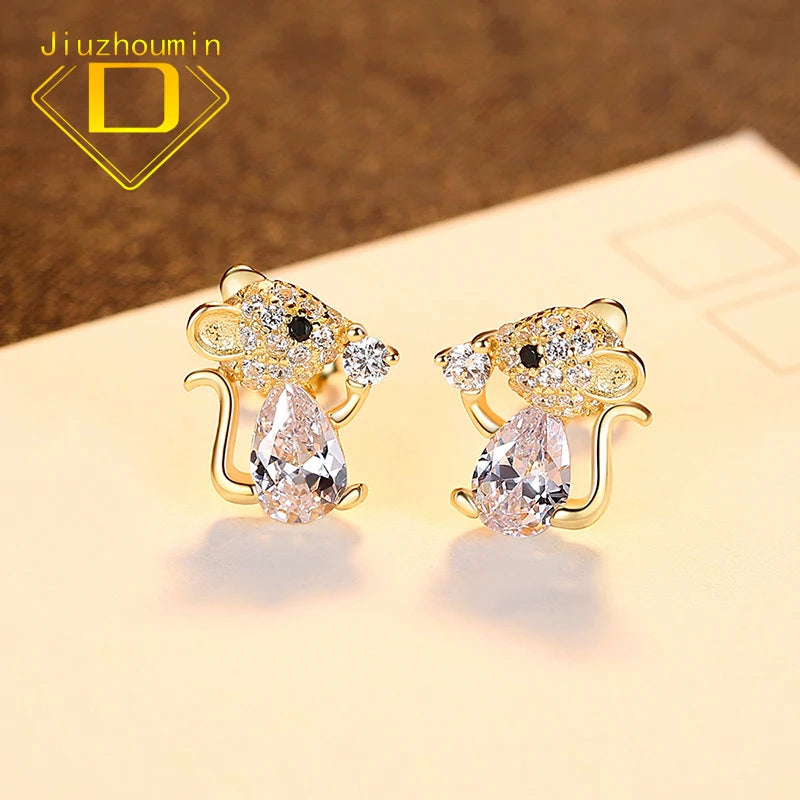 S925 Silver Mouse Zircon Stud Earrings for Women