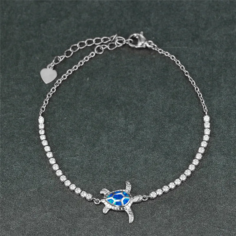Sea Turtle Opal Stone Animal Bracelet Vintage Silver Chain Women Jewelry