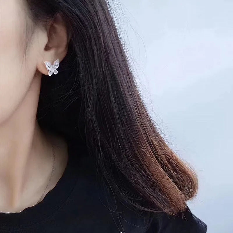 Silver Butterfly Stud Earrings with Zircon Stone