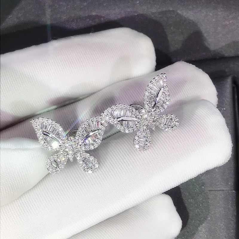Silver Butterfly Stud Earrings with Zircon Stone
