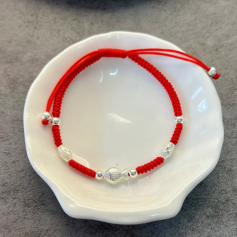 925 Silver Fish Charm Bracelet Red Thread Bangle