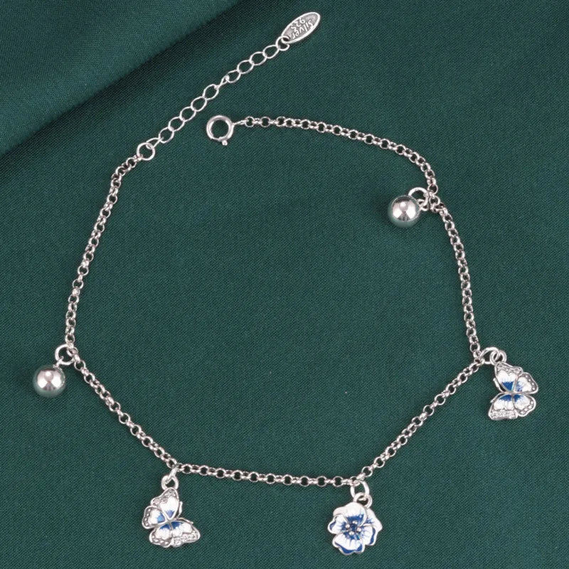 Vintage Enamel Butterfly Anklet 925 Silver Ethnic Flower Round Ball