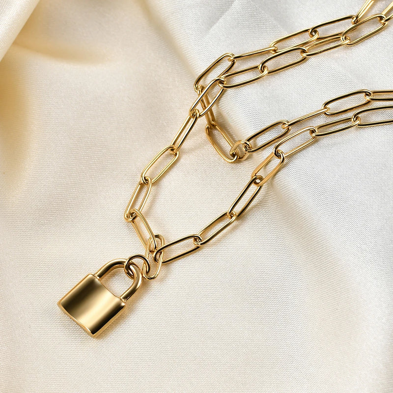 Chain Link Lock Necklace Pendant Silver Goth Jewelry Long Necklace