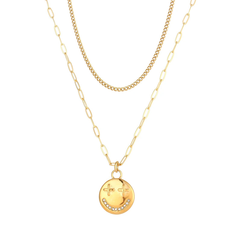 Double Layer Pendant Necklace for Women Stainless Steel Chain 18K Jewelry