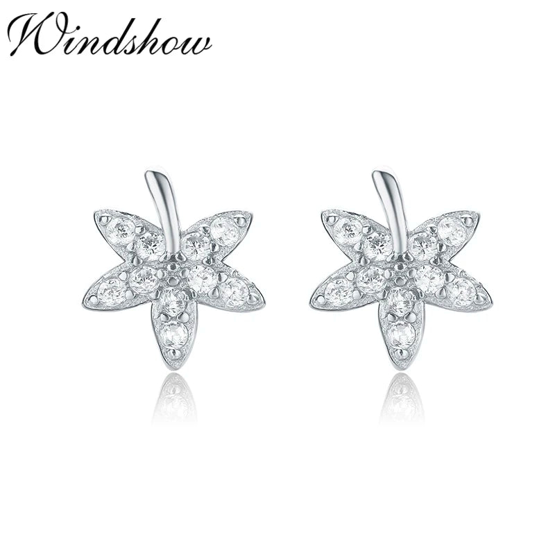 925 Silver CZ Maple Leaf Stud Earrings For Women Girls Kids