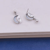 925 Silver Crescent Stud Earrings Retro Matte Bead Piercing Jewelry