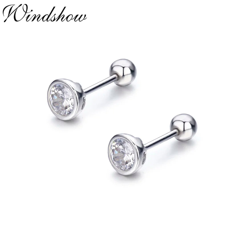 925 Silver CZ Screw Stud Earrings Round Design Girls Kids Piercing Jewelry