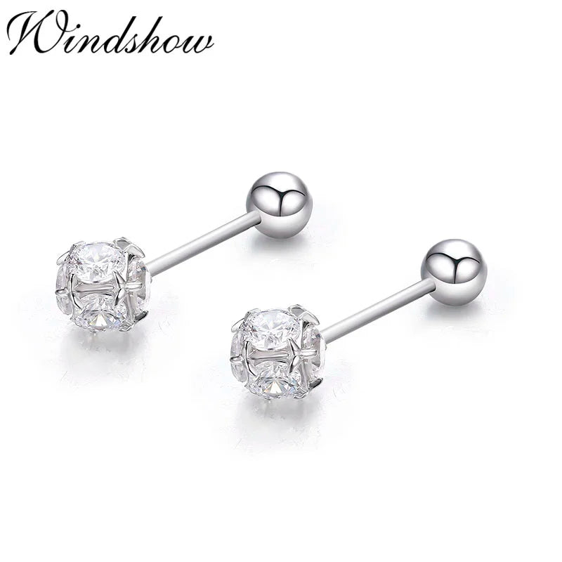 925 Silver CZ Square Ball Screw Stud Earrings For Women Girls Kids