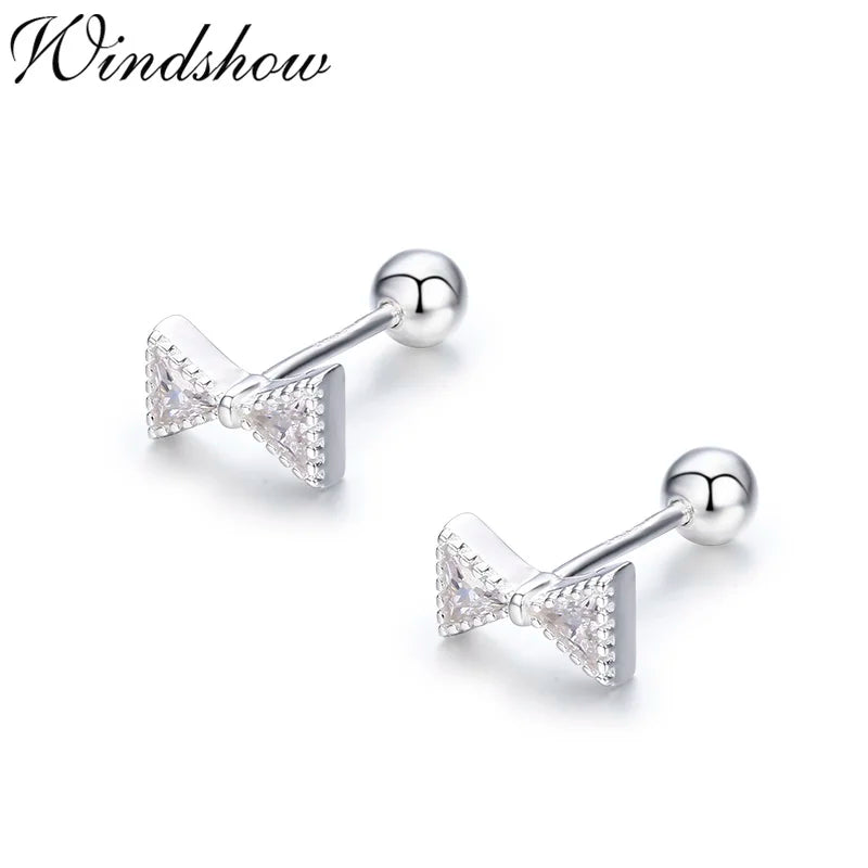 Triangle Bowknot CZ 925 Silver Screw Back Stud Earrings For Girls