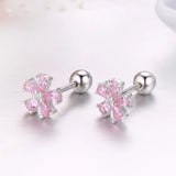 Pink CZ 925 Silver Flower Stud Earrings For Women Girls Kids