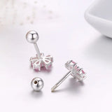 Pink CZ 925 Silver Flower Stud Earrings For Women Girls Kids