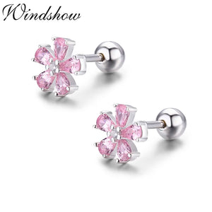 Pink CZ 925 Silver Flower Stud Earrings For Women Girls Kids