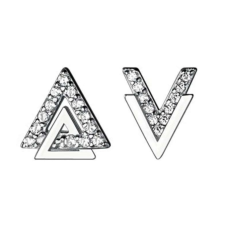 Geometric Triangle V Stud Earrings with CZ Zircon 925 Silver Ear Jewelry