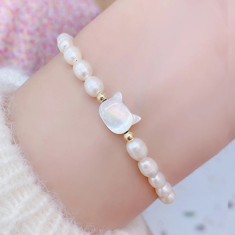 Tiny Pearls Cat Bracelet Charm Adustable Beaded Brasselet