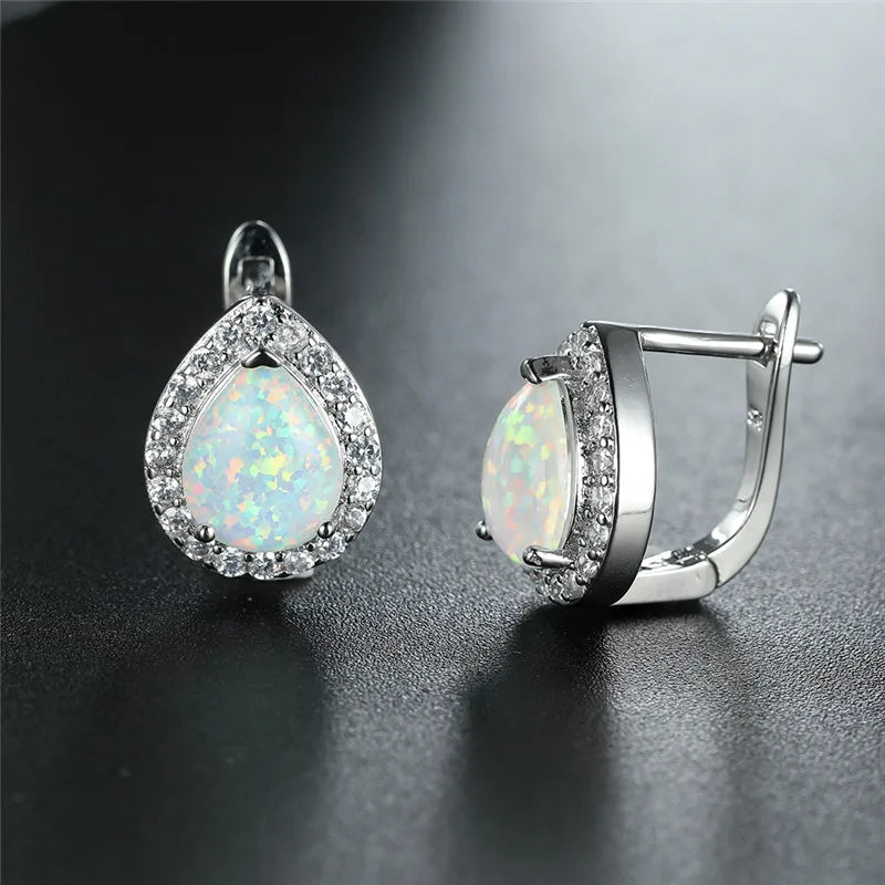 Rose Silver Opal Hoop Earrings for Women