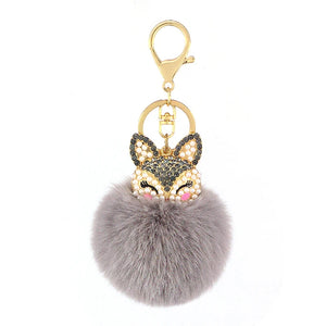 Fox Fur Ball Keychain with Rhinestone Inlay