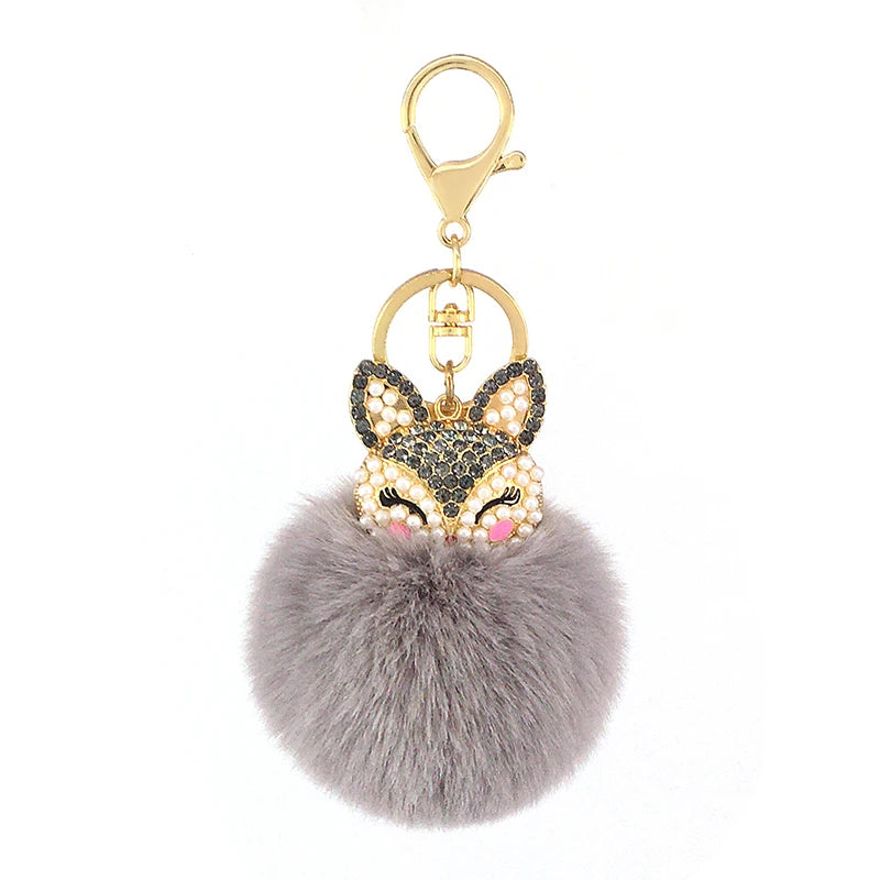 Fox Fur Ball Keychain with Rhinestone Inlay