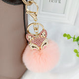 Fox Fur Ball Keychain with Rhinestone Inlay