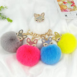 Fox Fur Ball Keychain with Rhinestone Inlay