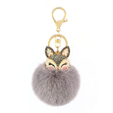 Fox Fur Ball Keychain with Rhinestone Inlay