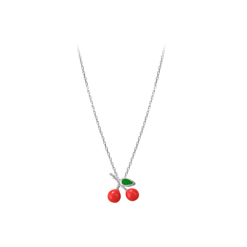 Sweet Red Cherry Pendant S925 Silver Necklace for Female Birthday