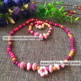 Wood Bead Kids Necklace Set with Plum Flower Print