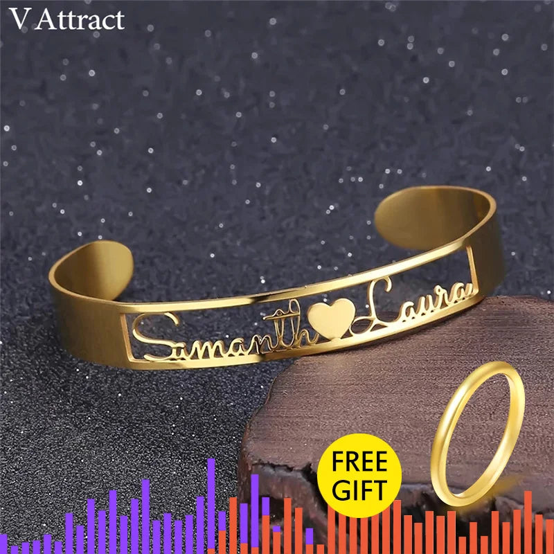 Personalized Name Cuff Bracelet Stainless Steel Adjustable ID Nameplate Bangle