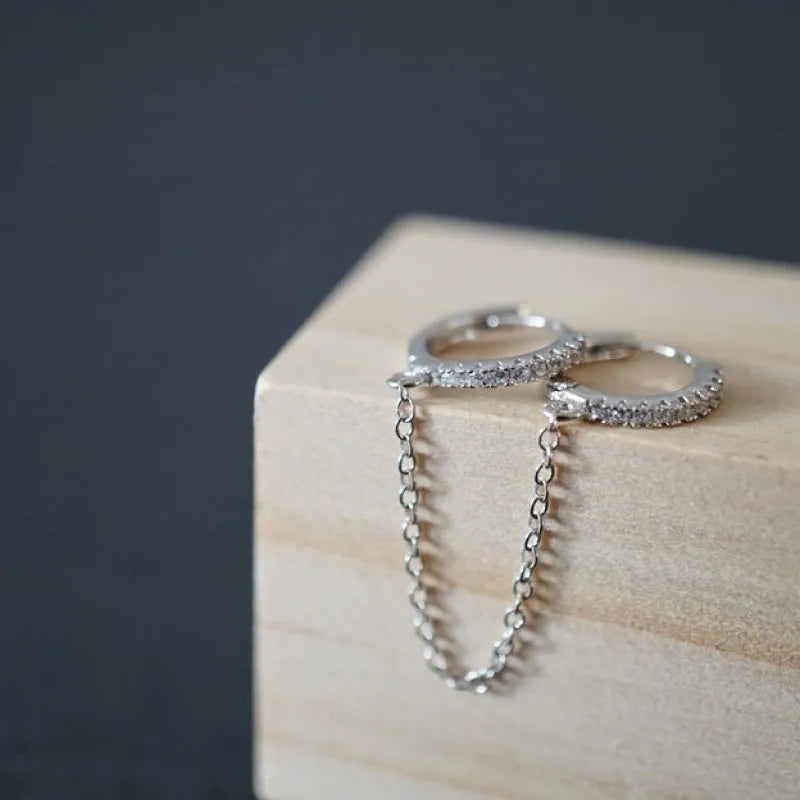 Silver Chain Hoop Earrings Huggie Double Hoop