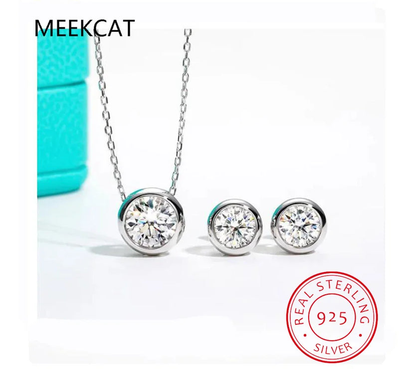 D Moissanite Bezel Stud Earrings Pendant Necklace Set